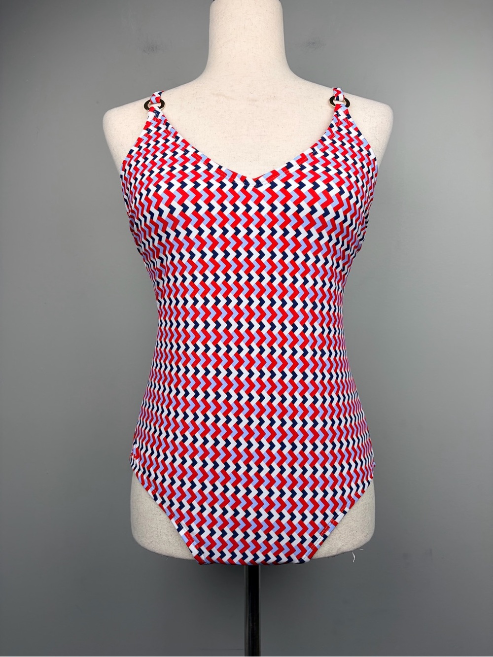 NWT Kona Sol One Piece Swimsuit M Red White Blue Chevron Tie Back Padded USA